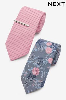 Pink/Grey Silver Floral Textured Tie With Tie Clip 2 Pack (D07491) | €25