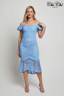 Chi Chi London Blue Bardot Premium Lace Peplum Midi Dress (D07885) | OMR47