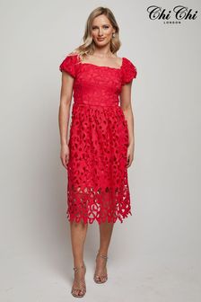 Chi Chi London Pink Bardot Premium Lace Fit and Flare Midi Dress (D07890) | OMR47