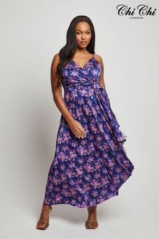 Chi Chi London Blue Cami Floral Print Wrap Midi Dress (D08333) | 386 QAR