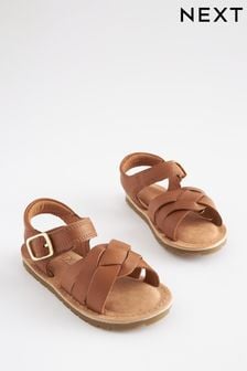 Tan Brown Standard Fit (F) Leather Woven Ankle Strap Sandals (D08455) | €20 - €22