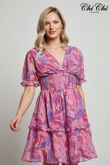 Chi Chi London Pink Puff Sleeve V-Neck Tiered Abstract Midi Dress (D08624) | $117