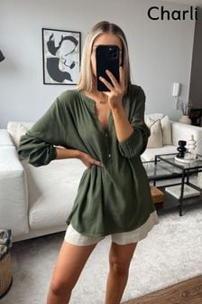Charli Olive Green Crepe Henley Top (D08676) | €29