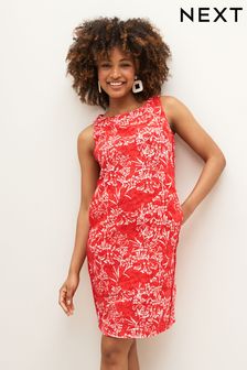 Красный с цветочным рисунком - Платье мини без рукавов из смешанного льна (D08976) | €27