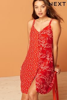 Czerwona z nadrukiem w motywy kwiatowe i kropeczki - Sukienka mini zapinana na guziki (D08992) | 65 zł