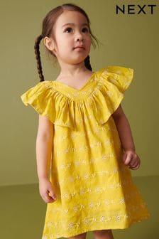 Żółty z haftem angielskim - Marszczona sukienka bawełniana (3m-cy-8lata) (D08999) | 70 zł - 82 zł