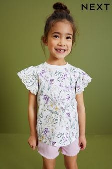 Purple/White Floral Broderie Frill Sleeve T-Shirt (3-16yrs) (D09219) | €8 - €13