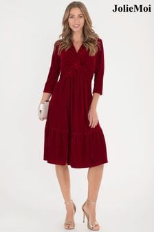 Jolie Moi Red 3/4th Sleeve Tiered Hem Velvet Dress (D09339) | €41.50