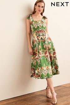 Green Floral Tie Shoulder Occasion  Midi Dress (D09621) | $88