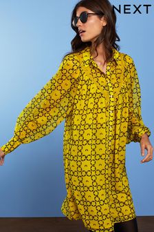 Ochre Yellow Floral Sheer Lace Trim Long Sleeve Mini Shirt Dress (D09635) | $47