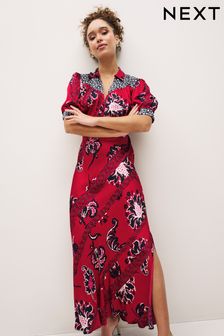 Red/Navy Blue Patch Print Split Hem Puff Sleeve V-Neck Maxi Dress (D09705) | €26