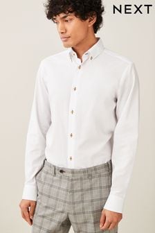 Weiss/Gelbe Knöpfe - Regular Fit, einfache Manschetten - Hemd mit Besatz (D09739) | 18 €