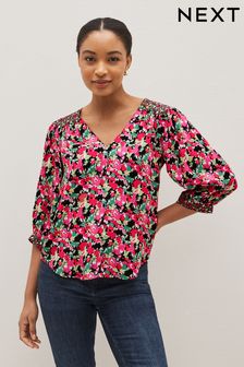 Pink Floral Curved Hem 3/4 Sleeve V-Neck Top (D09758) | 12 €