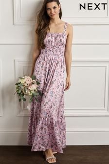 Pink Floral Glossy Satin Ruched Midi Dress (D09944) | 89 €