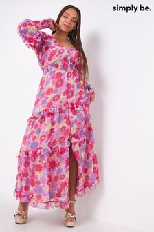 Roza dolga obleka s cvetličnim potiskom in nabranimi rokavi Simply Be Prairie (D10010) | €30