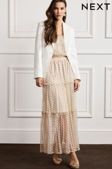 Ivory Cream Ruffle Tulle Tiered Maxi Skirt (D10083) | 76 €