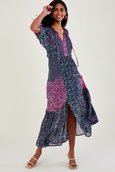 Monsoon Blue Artisan Bloom Print Short Sleeve Midi Dress (D10221) | 133 €