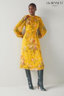 LK Bennett Yellow Leandra Camelia Print Silk Devoré Midi Dress (D10445) | 576 €
