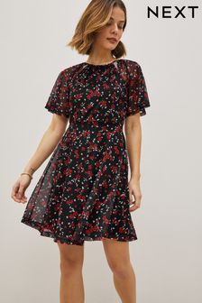 Black Heart Flutter Sleeve Mesh Mini Dress (D10869) | €17