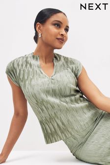 Sage Green Co Ord Plisse Short Sleeves V-Neck Top (D10871) | AED120