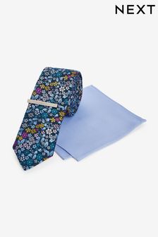Teal Blue Floral Slim Tie, Pocket Square And Tie Clip Set (D11360) | €23.50