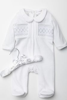 Rock A Bye Baby Boutique White Velour Smocking Detail Sleepsuit (D11509) | €22.50