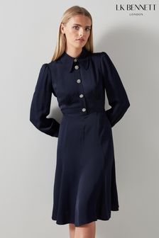 LK Bennett Navy Blue Mira Crepe Long Sleeve Tea Dress