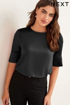 Black Curved Hem Satin Formal T-Shirt Short Sleeves Top (D12957) | AED60