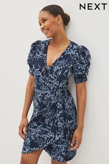 Темно-синий с веточками - Платье мини с короткими рукавами, V-образным вырезом и запахом (D14044) | €26