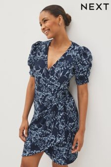 Tmavomodrá s kvietkami - Short Sleeve V-neck Wrap Mini Dress (D14044) | €25
