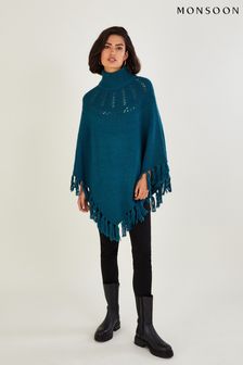 Monsoon Pointelle Poncho With Fringe Trim (D14084) | 328 LEI