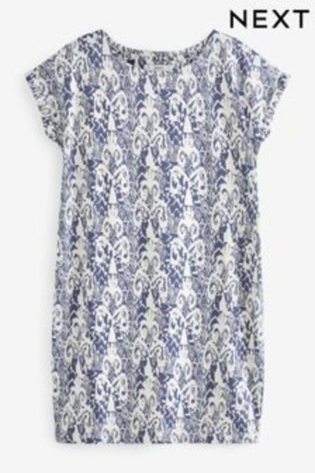 Blue Ikat Print Relaxed Capped Sleeve Tunic Dress (D14224) | 18 €