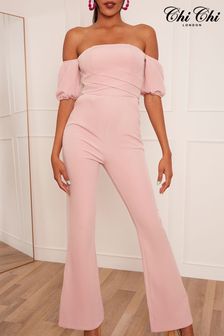 Chi Chi London Pink Bardot Flare Jumpsuit (D14308) | 391 QAR