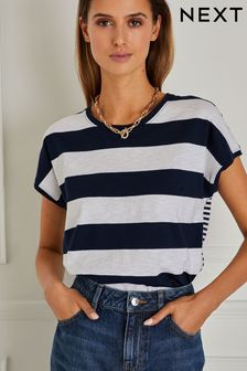 Bleu marine/blanc rayé - T-shirt à manches bonnets en jersey aspect lin à col ras du cou (D14319) | €9