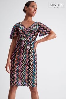 Sukienka midi z azteckim nadrukiem Sonder Studio Glamour w kolorze naturalnym (D14482) | 375 zł