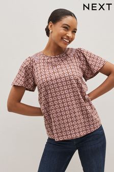 Purple Tile Smocked Short Sleeves Round Neck Top (D14644) | €8