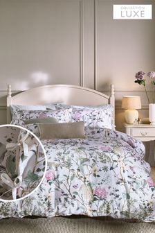 Green/Ecru White 300 Thread Count 100% Cotton Floral Duvet Cover And Pillowcase Set (D14654) | €59 - €99