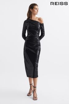 Reiss Black Jodie Sequined Midi Dress (D14684) | OMR171