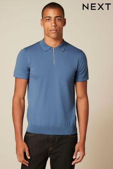Niebieski chabrowy - Dzianinowa koszulka polo z zamkiem (D14706) | 132 zł