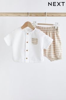 Neutral Woven Shirt And Stripe Shorts Set (D15005) | $28 - $32