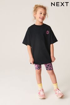 Black/Pink Glitch Print Smile T-Shirt And Cycle Shorts Set (3-16yrs) (D15102) | €10 - €16