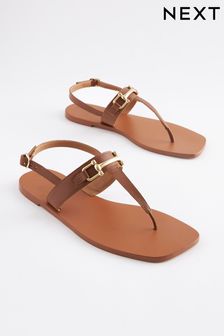 Tan Brown Extra Wide Fit Leather Toe Post Flat Sandals with Metal Detail (D15275) | €15