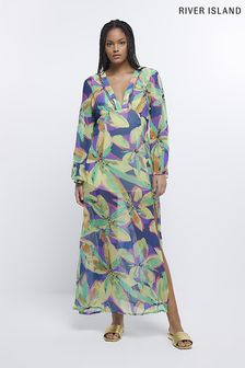 Fioletowa sukienka maxi River Island ze zdobieniem i rozszerzanymi rękawami (D15350) | 150 zł
