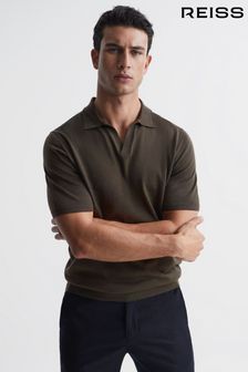 Reiss Dark Military Green Duchie Merino Wool Open Collar Polo Shirt (D15694) | SGD 243