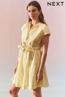 Yellow Short Sleeve Tie Waisted Mini Shirt Dress (D15846) | 103 zł