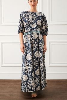 Navy Blue/White Large Scale Floral Contrast Print Elasticated Waist Drawstring Full Midi Skirt (D15859) | €22