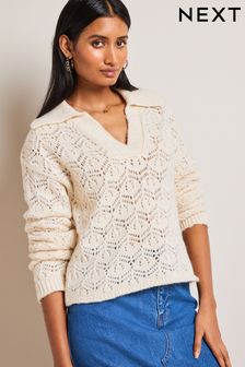 Ecru White Pointelle Stitch Jumper (D16291) | AED74