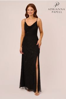 Robe Adrianna Papell à capuchon de perles noire déco (D16347) | €117