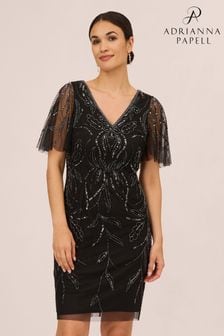 Adrianna Papell Studio Kurzes Kleid mit V-Ausschnitt und Perlenstickerei, Schwarz (D16361) | 106 €