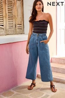 Mid Blue Elasticated Waist Wide Crop Trousers (D16641) | SGD 53